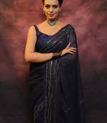 Handmade bhagalpuri linen saree with mirror work in black shade with blouse piece