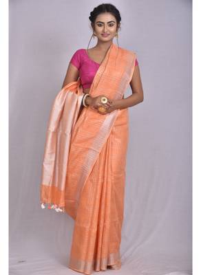 Handmade bhagalpuri linen saree with zari wovwn border in light orange shade with blouse piece 1
