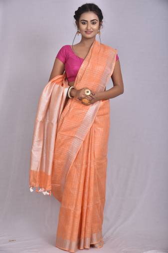 Handmade bhagalpuri linen saree with zari wovwn border in light orange shade with blouse piece