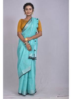 Handmade bhagalpuri linen saree with contrast border in blue shade with blouse piece 1