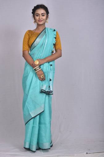 Handmade bhagalpuri linen saree with contrast border in blue shade with blouse piece