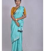 Handmade bhagalpuri linen saree with contrast border in blue shade with blouse piece