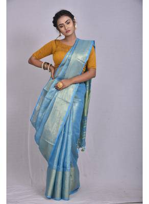 Handmade bhagalpuri tissue linen saree with contrast border in blue shade with blouse piece 1