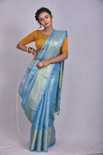Handmade bhagalpuri tissue linen saree with contrast border in blue shade with blouse piece
