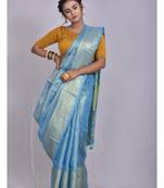 Handmade bhagalpuri tissue linen saree with contrast border in blue shade with blouse piece