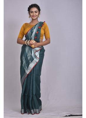 Handmade bhagalpuri linen saree with contrast border in dark green shade with blouse piece 1