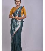 Handmade bhagalpuri linen saree with contrast border in dark green shade with blouse piece