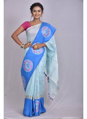 Handmade bhagalpuri embroidered linen saree with contrast border in blue shade with blouse piece 1