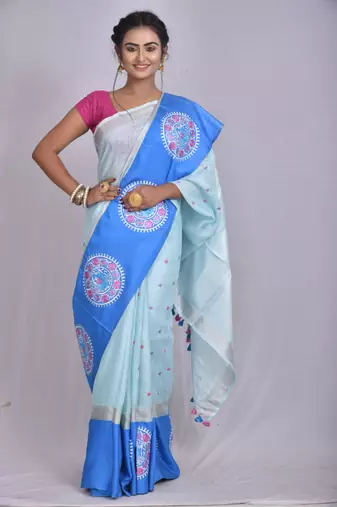 Handmade bhagalpuri embroidered linen saree with contrast border in blue shade with blouse piece