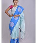 Handmade bhagalpuri embroidered linen saree with contrast border in blue shade with blouse piece