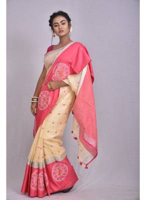 Handmade bhagalpuri embroidered linen saree with contrast border in beige shade with blouse piece 1