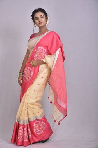 Handmade bhagalpuri embroidered linen saree with contrast border in beige shade with blouse piece