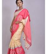 Handmade bhagalpuri embroidered linen saree with contrast border in beige shade with blouse piece