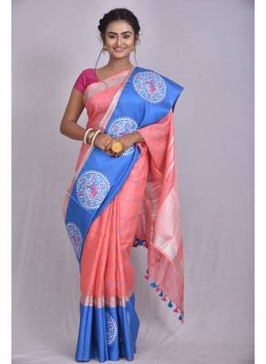 Handmade bhagalpuri embroidered linen saree with contrast border in peach shade with blouse piece 1