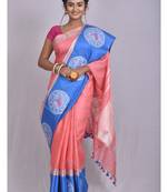 Handmade bhagalpuri embroidered linen saree with contrast border in peach shade with blouse piece