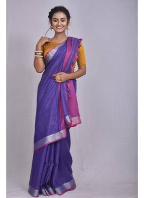 Handmade bhagalpuri linen saree with contrast border in purple shade with blouse piece 1