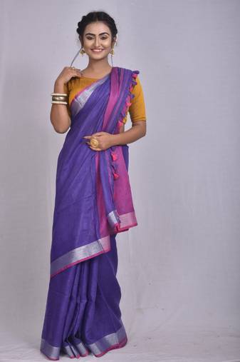 Handmade bhagalpuri linen saree with contrast border in purple shade with blouse piece
