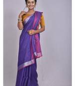 Handmade bhagalpuri linen saree with contrast border in purple shade with blouse piece