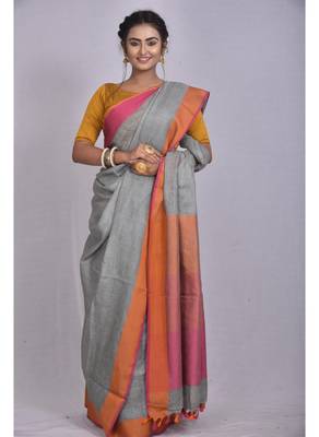 Handmade bhagalpuri linen saree with contrast border in grey shade with blouse piece 1