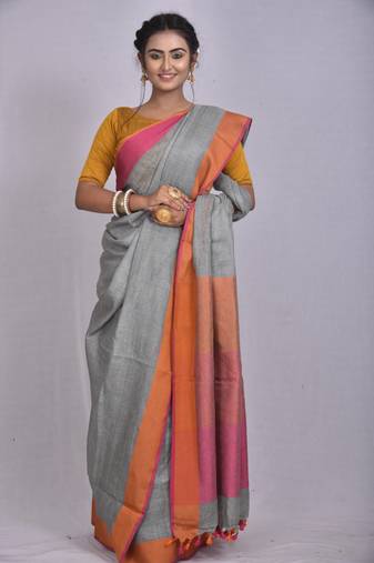 Handmade bhagalpuri linen saree with contrast border in grey shade with blouse piece