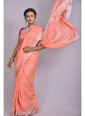 Handmade bhagalpuri linen saree with contrast border in light orange shade with blouse piece 1