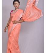 Handmade bhagalpuri linen saree with contrast border in light orange shade with blouse piece