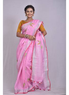 Handmade bhagalpuri embroidered linen saree in baby pink shade with blouse piece 1