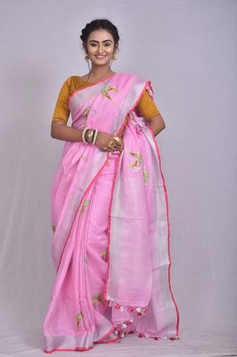 Handmade bhagalpuri embroidered linen saree in baby pink shade with blouse piece