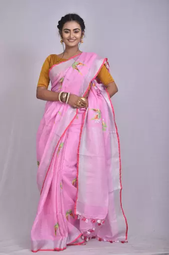 Handmade bhagalpuri embroidered linen saree in baby pink shade with blouse piece