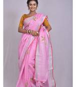 Handmade bhagalpuri embroidered linen saree in baby pink shade with blouse piece