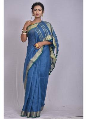 Handmade bhagalpuri linen saree with contrast border in blue shade with blouse piece 1
