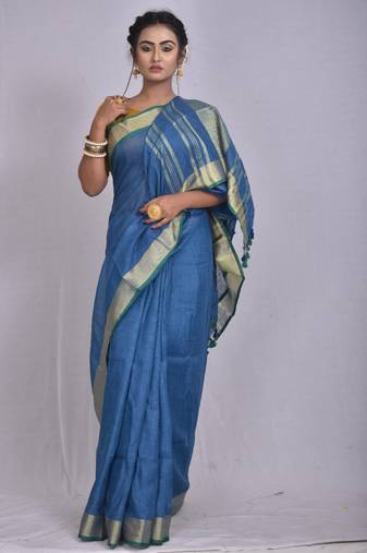 Handmade bhagalpuri linen saree with contrast border in blue shade with blouse piece