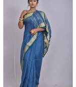 Handmade bhagalpuri linen saree with contrast border in blue shade with blouse piece