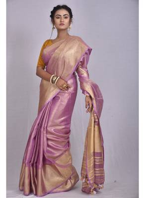 Handmade bhagalpuri tissue linen saree with contrast border in pink shade with blouse piece 1