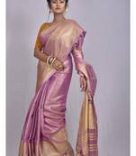 Handmade bhagalpuri tissue linen saree with contrast border in pink shade with blouse piece
