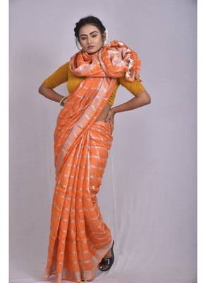 Handmade bhagalpuri linen saree with zari checks in orange shade with blouse piece 1