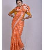 Handmade bhagalpuri linen saree with zari checks in orange shade with blouse piece