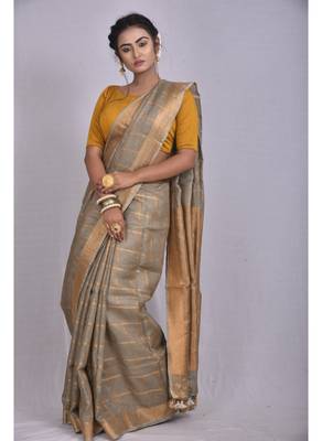 Handmade bhagalpuri linen saree with zari checks in grey shade with blouse piece 1