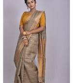 Handmade bhagalpuri linen saree with zari checks in grey shade with blouse piece