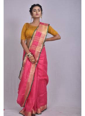 Handmade bhagalpuri linen saree with contrast border in dark pink shade with blouse piece 1