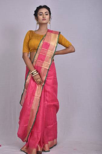 Handmade bhagalpuri linen saree with contrast border in dark pink shade with blouse piece