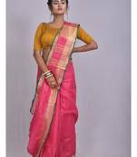 Handmade bhagalpuri linen saree with contrast border in dark pink shade with blouse piece