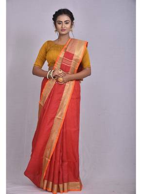 Handmade bhagalpuri linen saree with contrast border in red shade with blouse piece 1