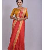 Handmade bhagalpuri linen saree with contrast border in red shade with blouse piece