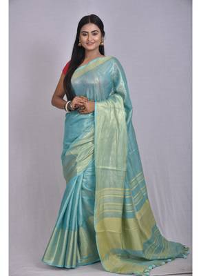 Handmade bhagalpuri tissue linen saree with contrast border in blue shade with blouse piece 1