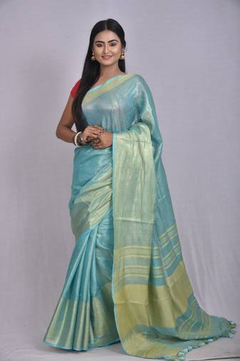 Handmade bhagalpuri tissue linen saree with contrast border in blue shade with blouse piece