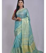 Handmade bhagalpuri tissue linen saree with contrast border in blue shade with blouse piece