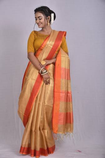 Handmade bhagalpuri tissue linen saree with contrast border in golden shade with blouse piece