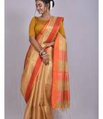 Handmade bhagalpuri tissue linen saree with contrast border in golden shade with blouse piece