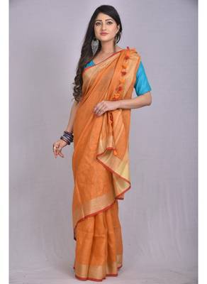 Handmade bhagalpuri linen saree with contrast border in orange shade with blouse piece 1
